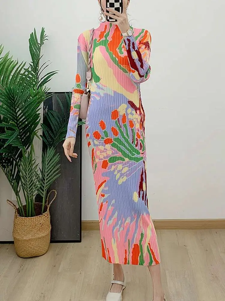 LANMREM Pleated Print Dress For Women Stand Collar Long Sleeves Slim Style Female Elegant Clothing 2024 Spring New 2DA4141