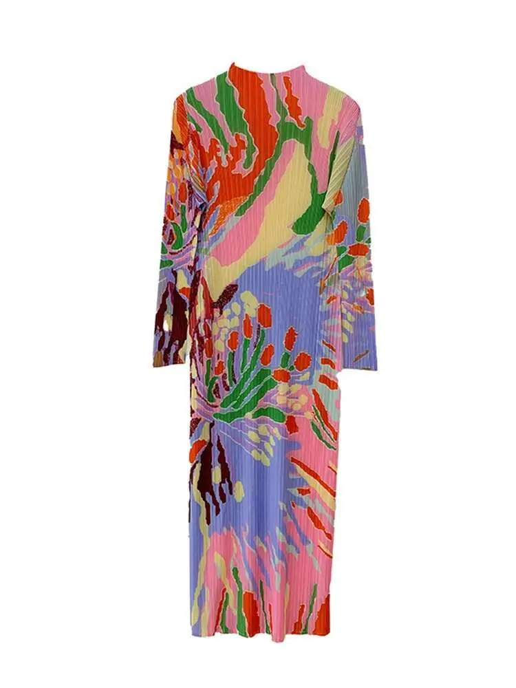 LANMREM Pleated Print Dress For Women Stand Collar Long Sleeves Slim Style Female Elegant Clothing 2024 Spring New 2DA4141