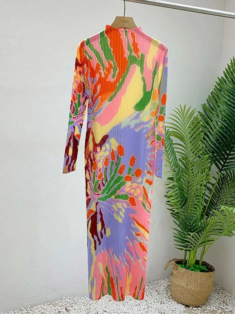 LANMREM Pleated Print Dress For Women Stand Collar Long Sleeves Slim Style Female Elegant Clothing 2024 Spring New 2DA4141