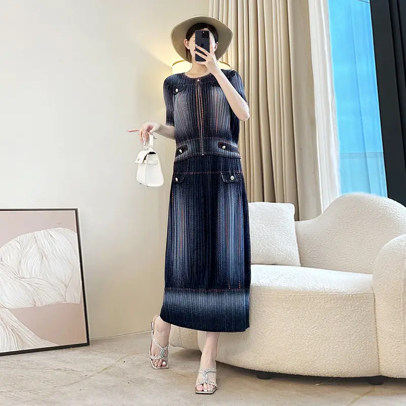 LANMREM Niche Chic Faux Denim Print Summer Pleated Women's Two Pieces Set O-neck Zipper Design Short Sleeve Top + Straight Skirt
