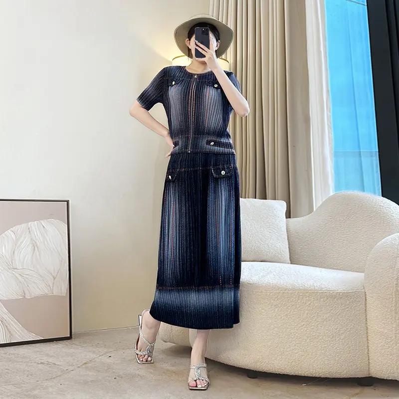 LANMREM Niche Chic Faux Denim Print Summer Pleated Women's Two Pieces Set O-neck Zipper Design Short Sleeve Top + Straight Skirt