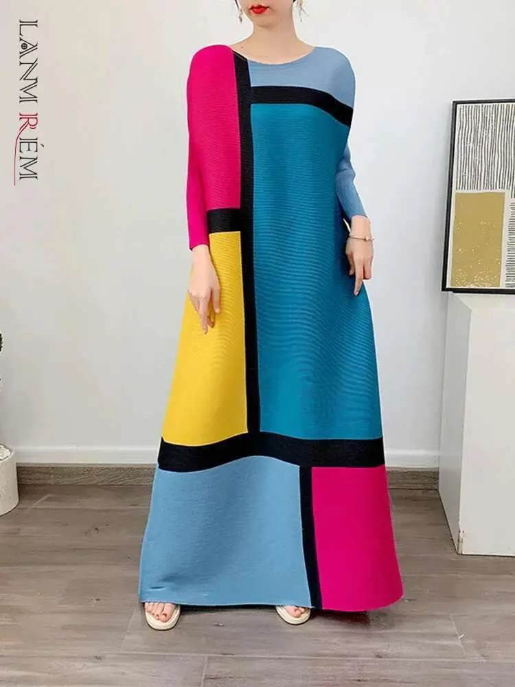 LANMREM Round Neck Pleated Dress For Women Color Block Long Sleeves Loose A-line Dresses Printed Female Clothing Tide 2YA946