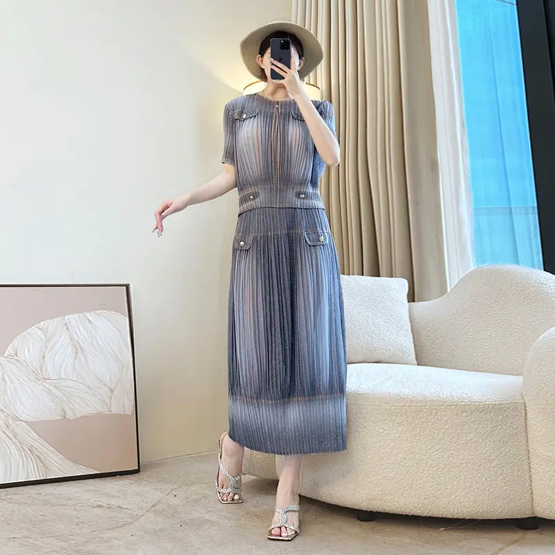 LANMREM Niche Chic Faux Denim Print Summer Pleated Women's Two Pieces Set O-neck Zipper Design Short Sleeve Top + Straight Skirt