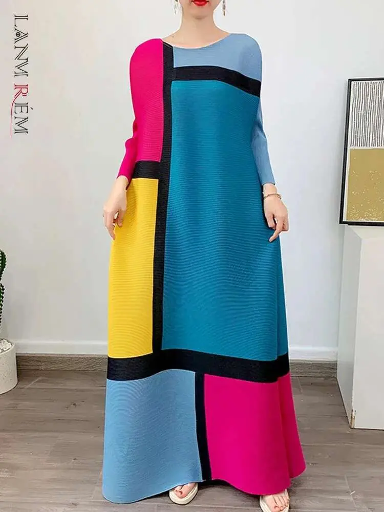 LANMREM Round Neck Pleated Dress For Women Color Block Long Sleeves Loose A-line Dresses Printed Female Clothing Tide 2YA946