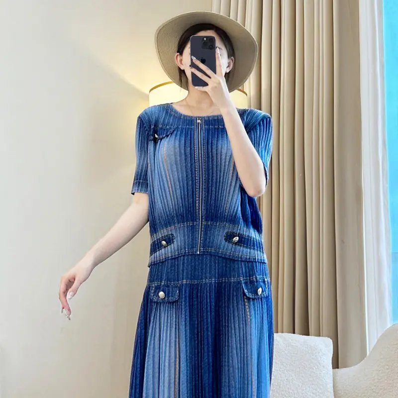 LANMREM Niche Chic Faux Denim Print Summer Pleated Women's Two Pieces Set O-neck Zipper Design Short Sleeve Top + Straight Skirt