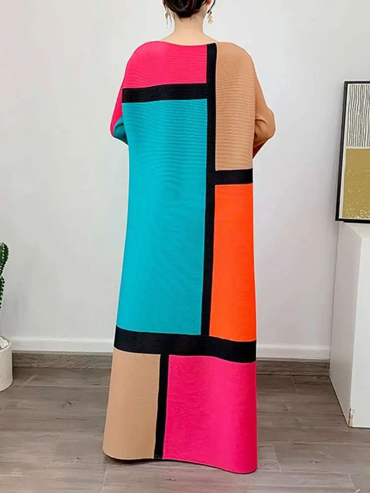LANMREM Round Neck Pleated Dress For Women Color Block Long Sleeves Loose A-line Dresses Printed Female Clothing Tide 2YA946