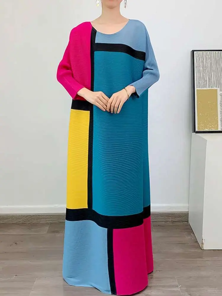 LANMREM Round Neck Pleated Dress For Women Color Block Long Sleeves Loose A-line Dresses Printed Female Clothing Tide 2YA946