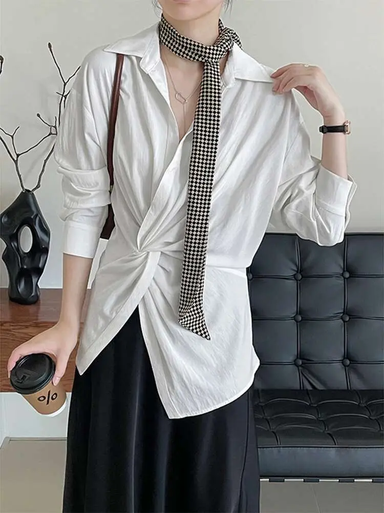 LANMREM Chic Style Women Shirt New Fashion Basic Lapel Long Sleeves Irregular Special Design Shirts Office Lady Clothes 2DC1359