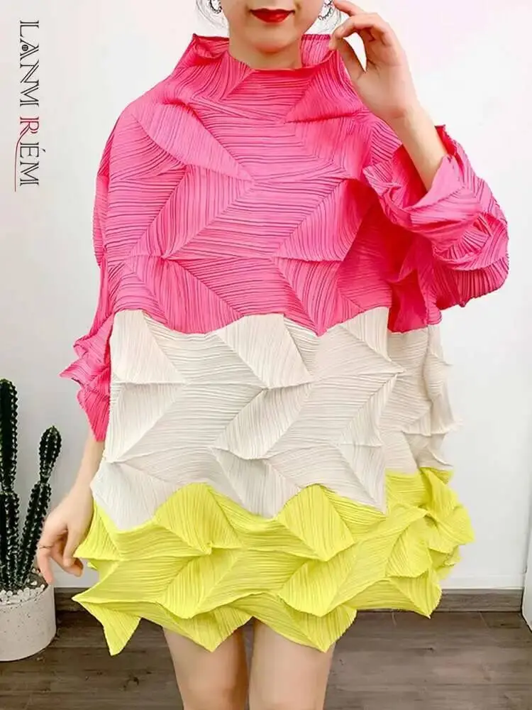 LANMREM Color Block Long Pleated Blouse For Women Turtleneck Long Sleeves Fold Loose Chic Blouses Female Top Spring New 2DA1132