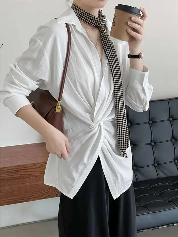 LANMREM Chic Style Women Shirt New Fashion Basic Lapel Long Sleeves Irregular Special Design Shirts Office Lady Clothes 2DC1359