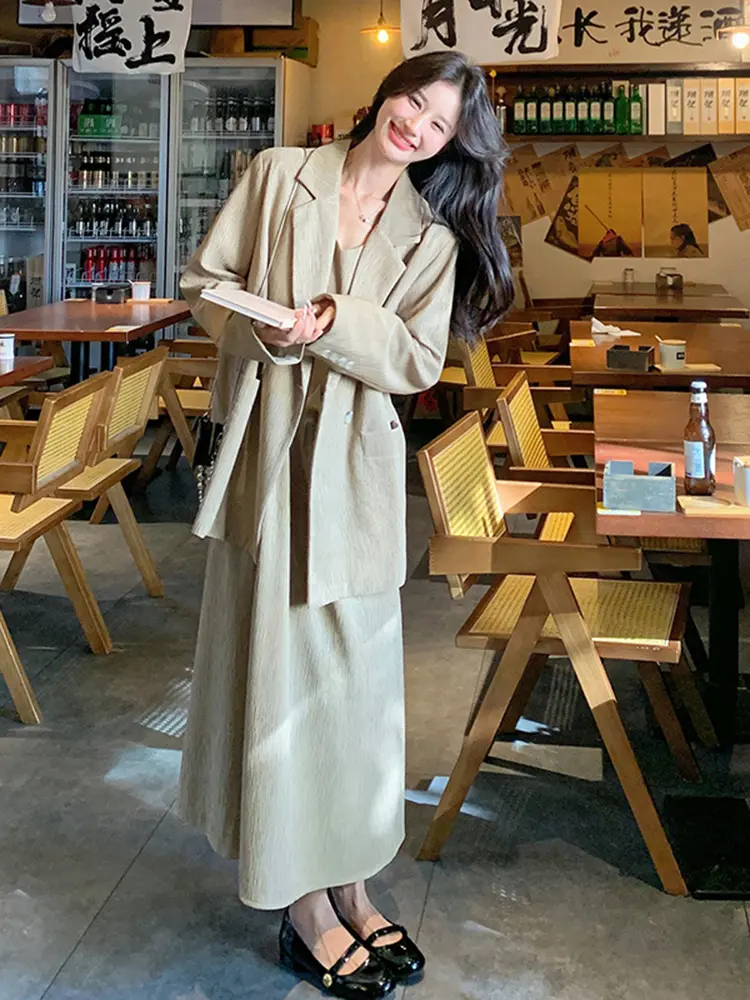 LANMREM Korean Trendy Suit Dress Set For Women 2025 New Khaki Long Sleeve Blazer And Camisole Dresses Two-piece Sets 2DB2769