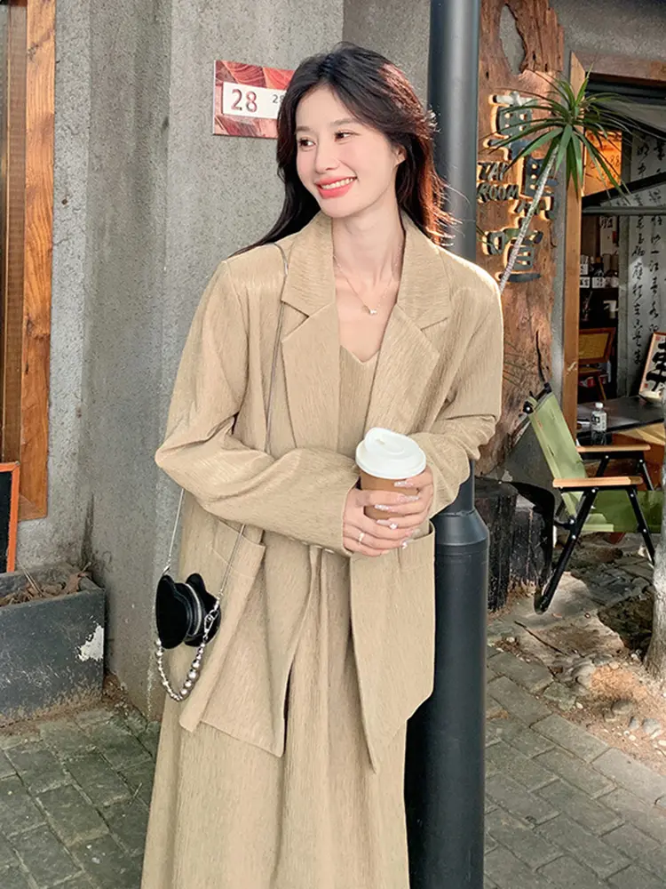 LANMREM Korean Trendy Suit Dress Set For Women 2025 New Khaki Long Sleeve Blazer And Camisole Dresses Two-piece Sets 2DB2769