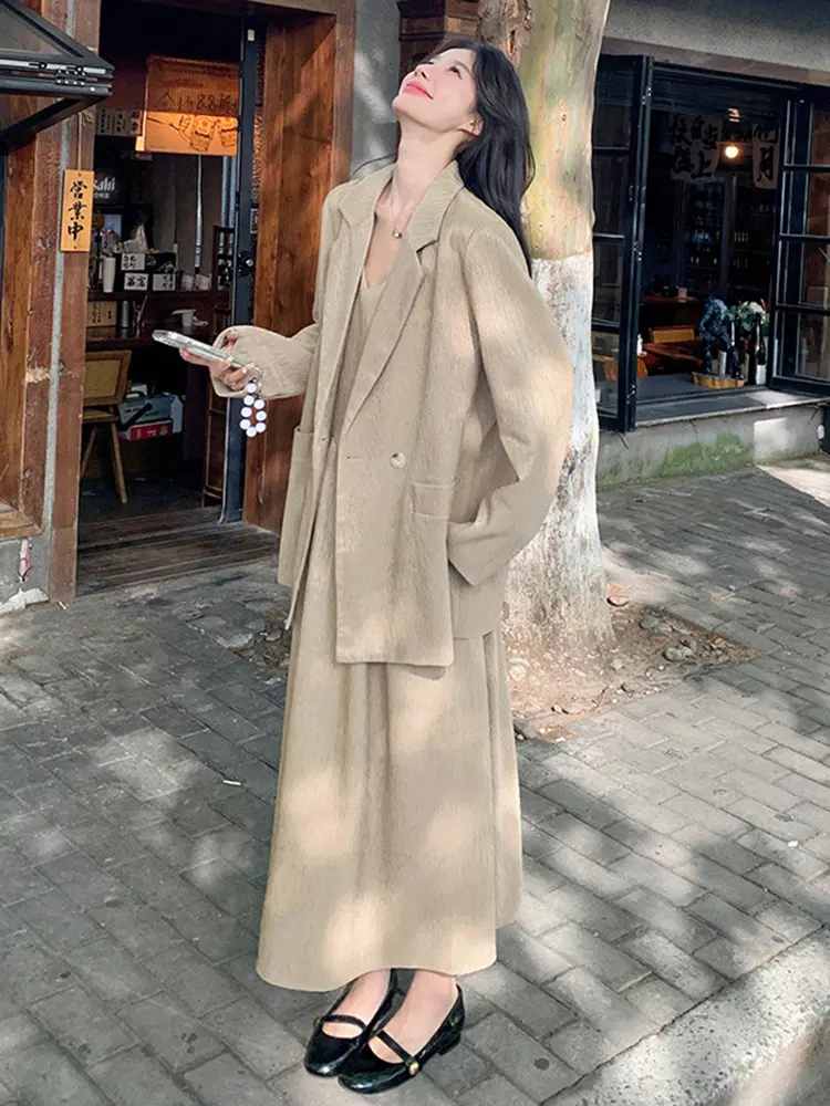 LANMREM Korean Trendy Suit Dress Set For Women 2025 New Khaki Long Sleeve Blazer And Camisole Dresses Two-piece Sets 2DB2769