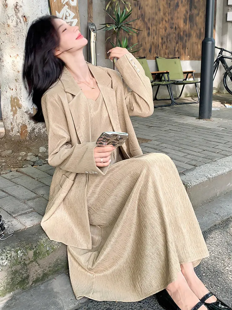 LANMREM Korean Trendy Suit Dress Set For Women 2025 New Khaki Long Sleeve Blazer And Camisole Dresses Two-piece Sets 2DB2769
