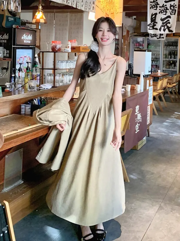 LANMREM Korean Trendy Suit Dress Set For Women 2025 New Khaki Long Sleeve Blazer And Camisole Dresses Two-piece Sets 2DB2769