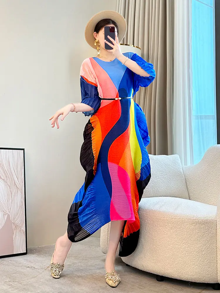LANMREM Irregular Colorblock Spliced Design Women's Pleated Dress 2025 New Loose Causal Round Collar Half Sleeve Dresses 2DB2983