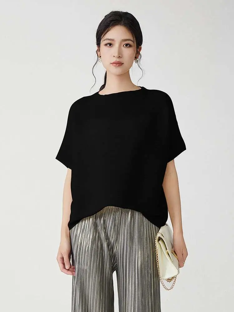 LANMREM Pleated Short Sleeved T-shirt For Women 2025 New Round Neck Loose Slim Fit Rose Pink Tee Tops Summer Clothes 2DB2516
