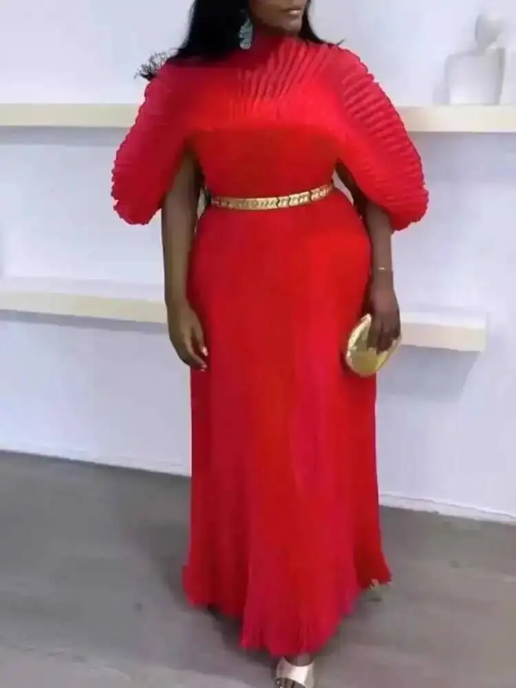 LANMREM Elegant Solid Color Pleated Dress For Women Big Size Long Length Transparent With Sling Clothing 2025 Spring New 2DB945