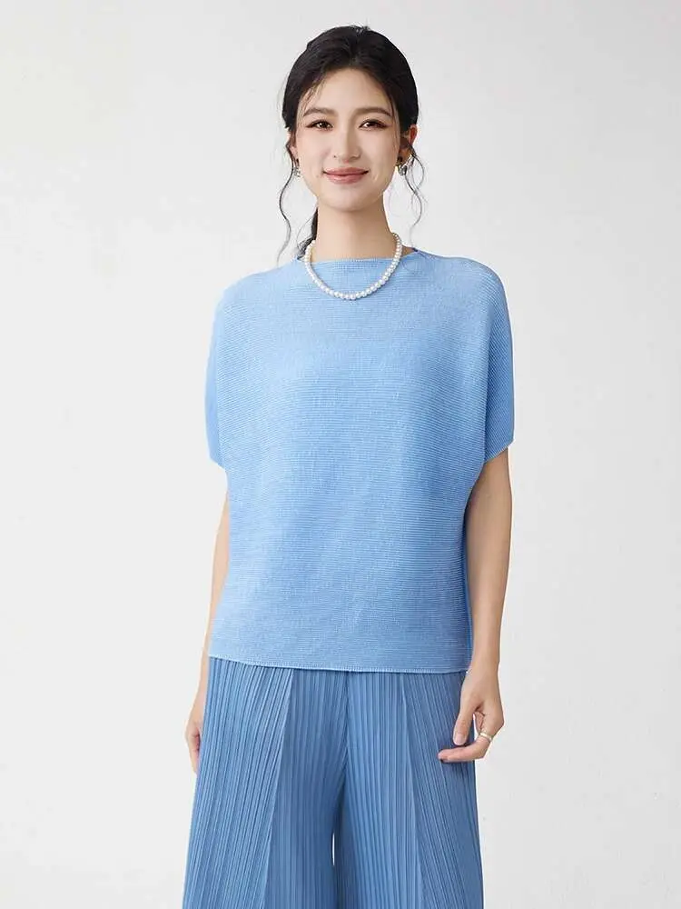 LANMREM Pleated Short Sleeved T-shirt For Women 2025 New Round Neck Loose Slim Fit Rose Pink Tee Tops Summer Clothes 2DB2516
