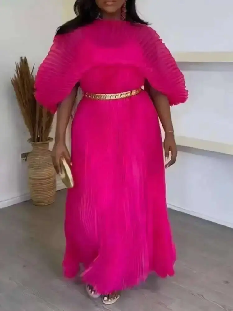 LANMREM Elegant Solid Color Pleated Dress For Women Big Size Long Length Transparent With Sling Clothing 2025 Spring New 2DB945
