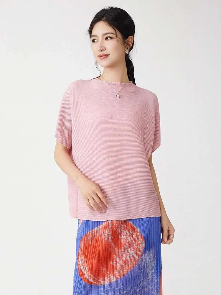 LANMREM Pleated Short Sleeved T-shirt For Women 2025 New Round Neck Loose Slim Fit Rose Pink Tee Tops Summer Clothes 2DB2516