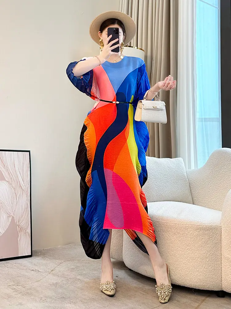 LANMREM Irregular Colorblock Spliced Design Women's Pleated Dress 2025 New Loose Causal Round Collar Half Sleeve Dresses 2DB2983