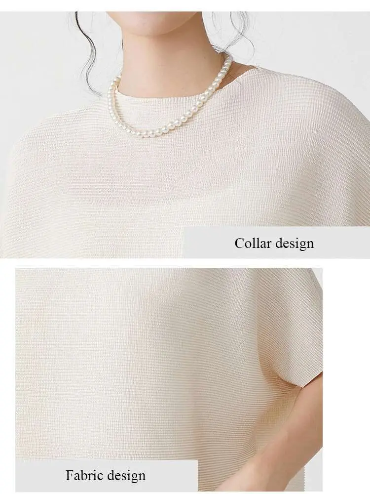 LANMREM Pleated Short Sleeved T-shirt For Women 2025 New Round Neck Loose Slim Fit Rose Pink Tee Tops Summer Clothes 2DB2516