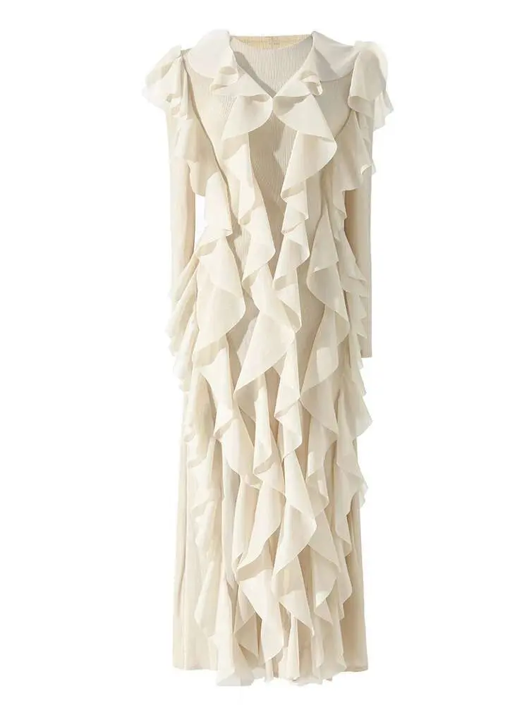 LANMREM Ruffles Pleated Dress For Women Round Neck Long Sleeves Belt Dresses Female Festival Clothing 2024 Spring New 2DA3661