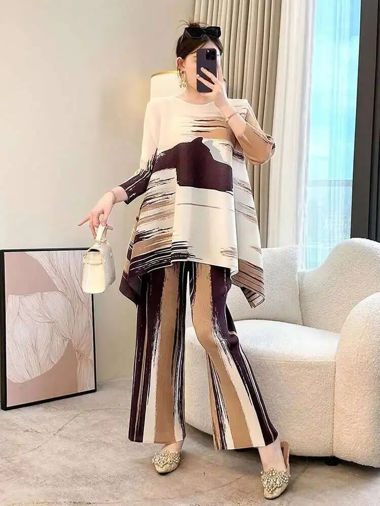 LANMREM Chic Printting Pleated Two Pieces Set For Women 2025 New Loose Casual Pullover Tops And Elastic Waist Pants Sets 2DB2551