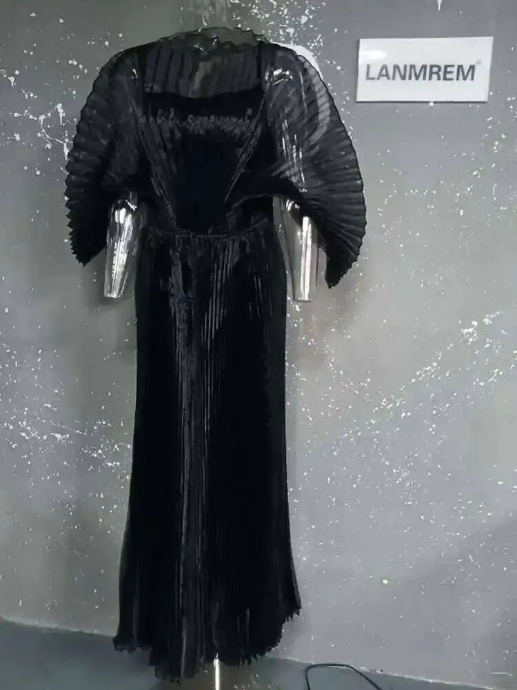 LANMREM Elegant Solid Color Pleated Dress For Women Big Size Long Length Transparent With Sling Clothing 2025 Spring New 2DB945