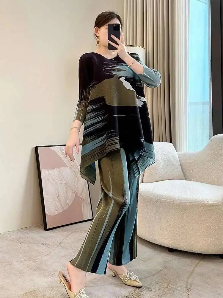 LANMREM Chic Printting Pleated Two Pieces Set For Women 2025 New Loose Casual Pullover Tops And Elastic Waist Pants Sets 2DB2551