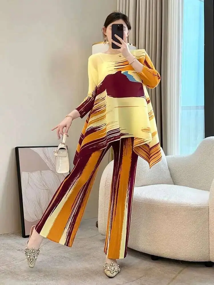 LANMREM Chic Printting Pleated Two Pieces Set For Women 2025 New Loose Casual Pullover Tops And Elastic Waist Pants Sets 2DB2551