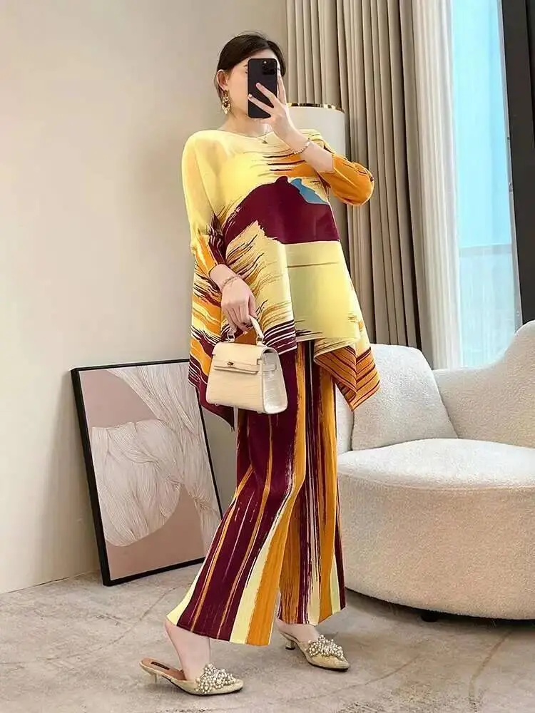 LANMREM Chic Printting Pleated Two Pieces Set For Women 2025 New Loose Casual Pullover Tops And Elastic Waist Pants Sets 2DB2551