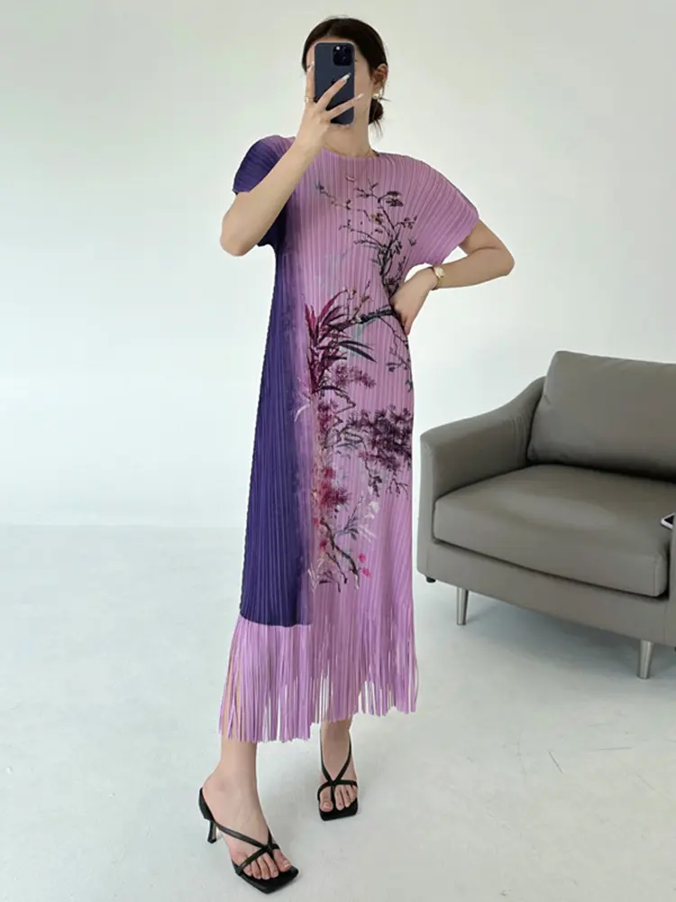 LANMREM 2025 Summer Printting Pleasted Women's Dress Elastic Slim Short Sleeve Round Collar Tassel Spliced Dresses Chic 2DB3514
