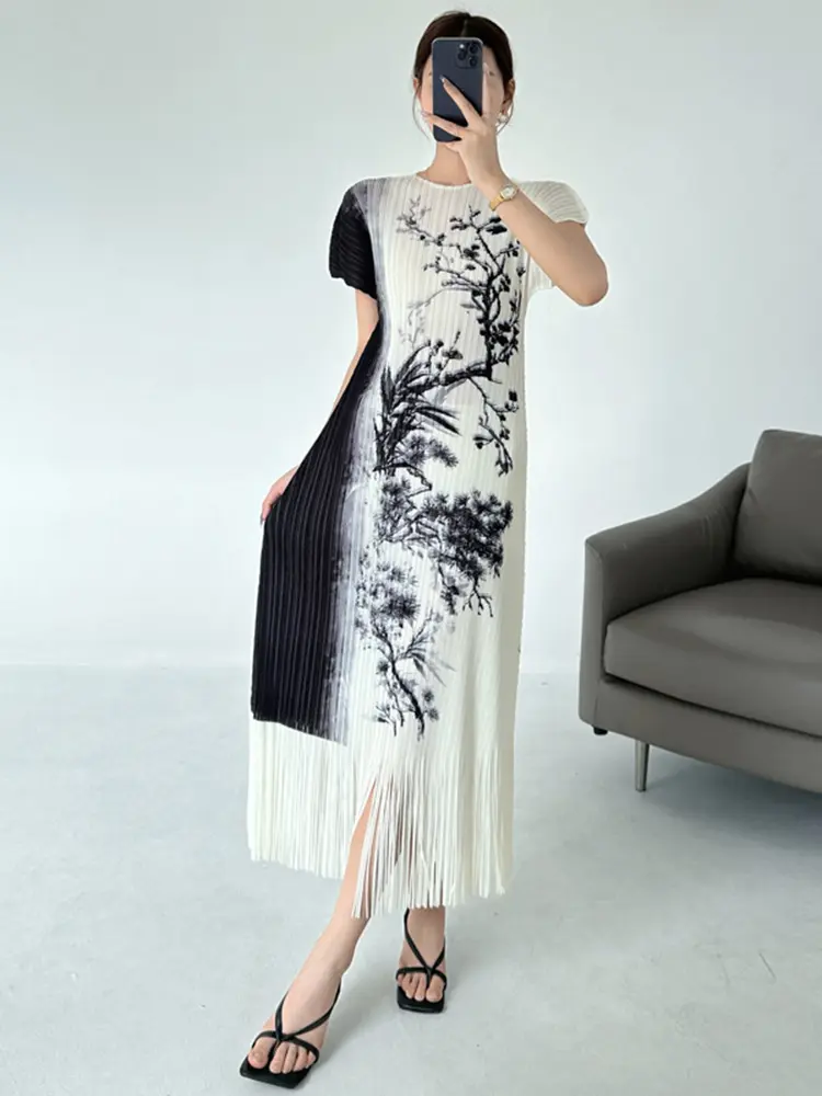 LANMREM 2025 Summer Printting Pleasted Women's Dress Elastic Slim Short Sleeve Round Collar Tassel Spliced Dresses Chic 2DB3514