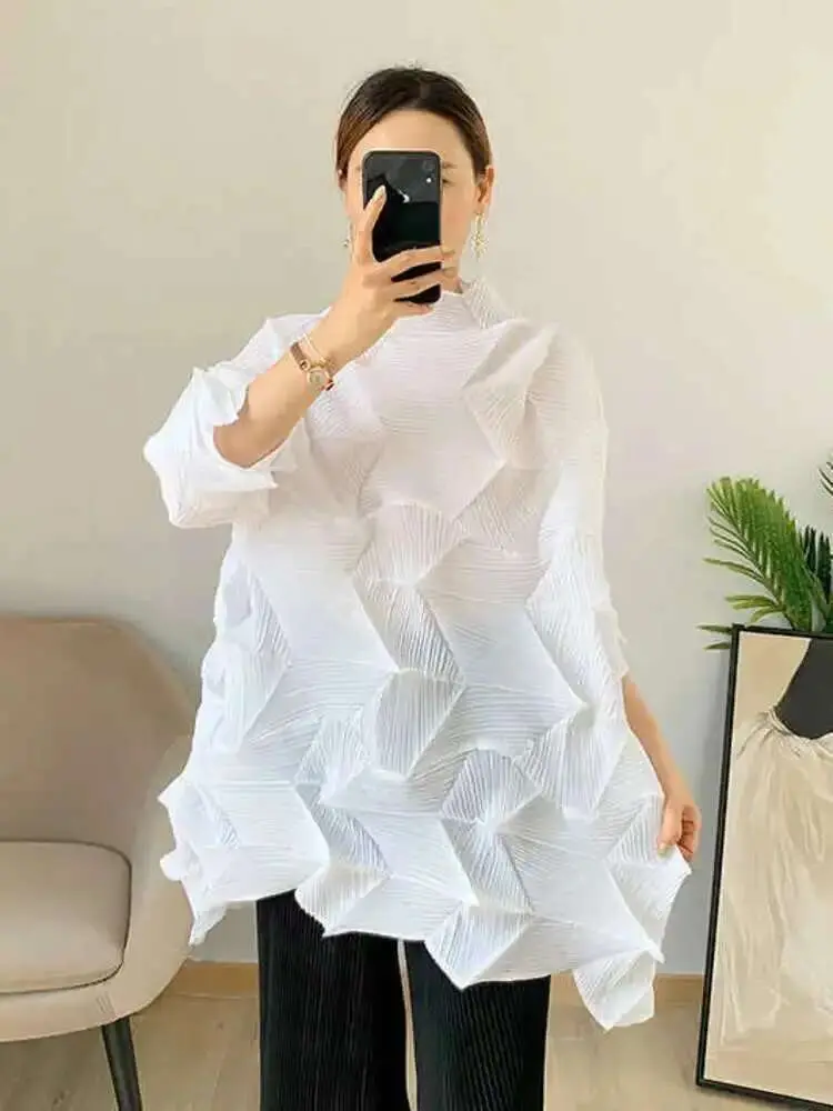 LANMREM Pleated T-shirt 2025 Spring Autumn New Stand Collar Solid Color Loose Fold T-shirts Female Chic Top Clothes 2D3962