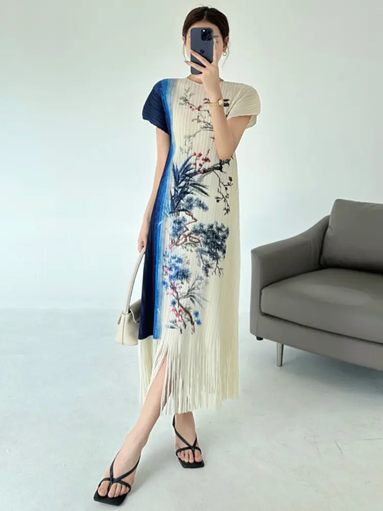 LANMREM 2025 Summer Printting Pleasted Women's Dress Elastic Slim Short Sleeve Round Collar Tassel Spliced Dresses Chic 2DB3514