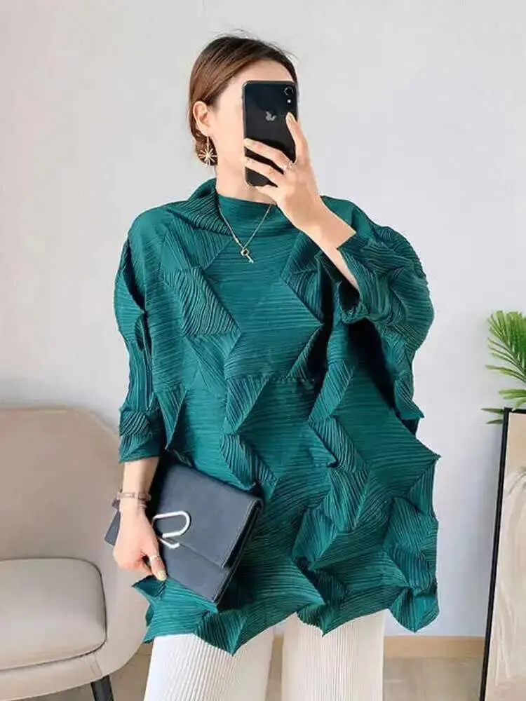 LANMREM Pleated T-shirt 2025 Spring Autumn New Stand Collar Solid Color Loose Fold T-shirts Female Chic Top Clothes 2D3962