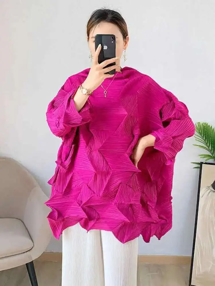 LANMREM Pleated T-shirt 2025 Spring Autumn New Stand Collar Solid Color Loose Fold T-shirts Female Chic Top Clothes 2D3962