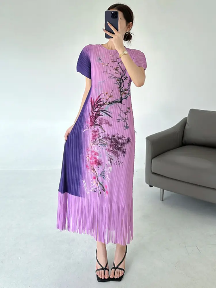 LANMREM 2025 Summer Printting Pleasted Women's Dress Elastic Slim Short Sleeve Round Collar Tassel Spliced Dresses Chic 2DB3514