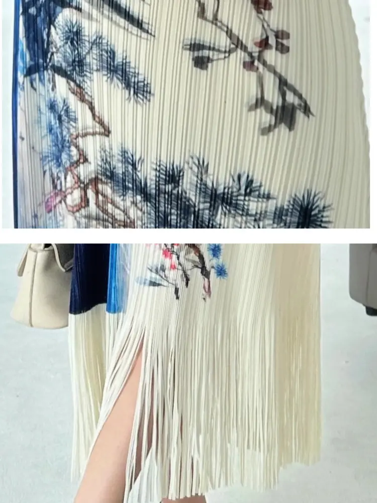 LANMREM 2025 Summer Printting Pleasted Women's Dress Elastic Slim Short Sleeve Round Collar Tassel Spliced Dresses Chic 2DB3514