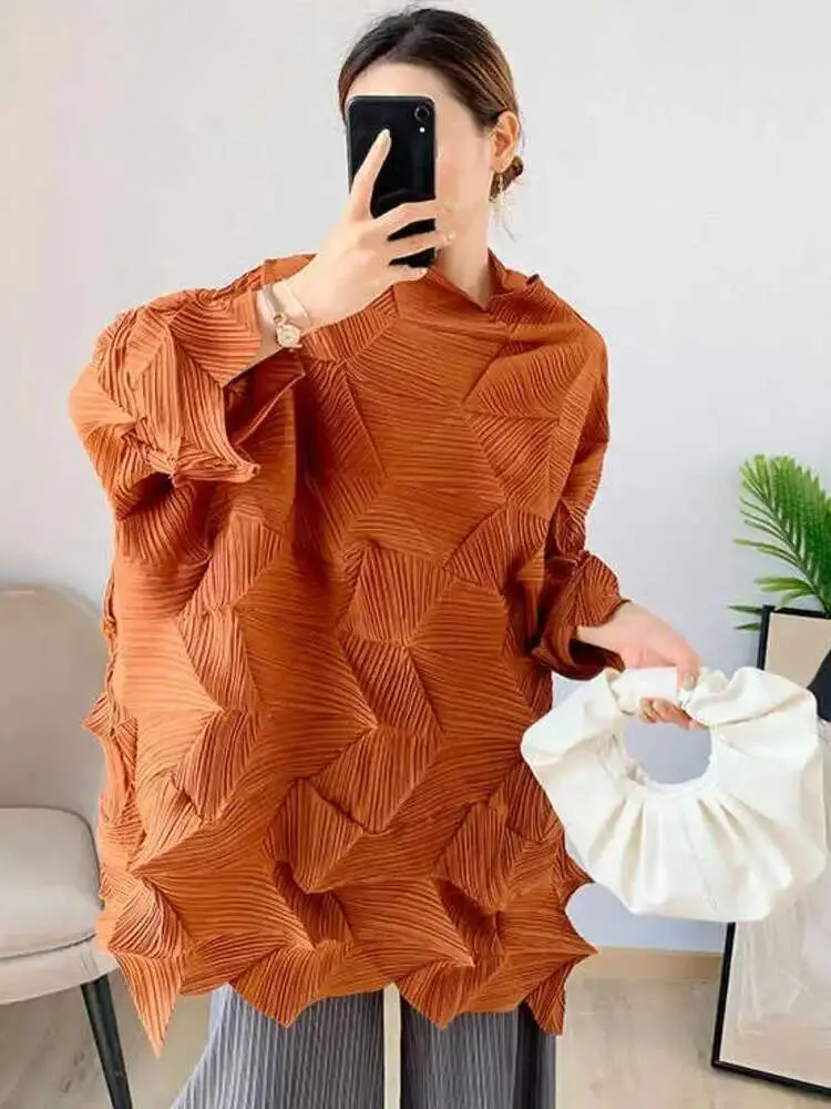 LANMREM Pleated T-shirt 2025 Spring Autumn New Stand Collar Solid Color Loose Fold T-shirts Female Chic Top Clothes 2D3962