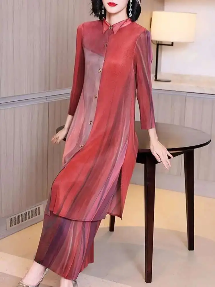 LANMREM Elegant Women's Pleated Sets Lapel Single Breasted Long Tops Loose Trousers Two-piece Set Fashion 2025 Spring New 2DE601