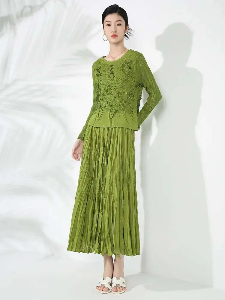 LANMREM High End Pleated Set Solid Color Embroidered Long Sleeves Shirts With Fold Skirts Female Chic Sets 2024 New 2DB1444