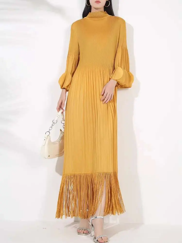 LANMREM Maxi Dress Women High Neck Long Sleeves Stitching Tassel Hem Solid Color Dresses Female Party Clothing 2025 New 2DB1143