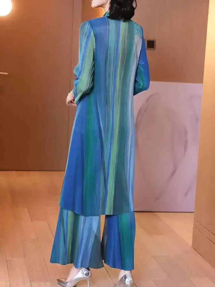 LANMREM Elegant Women's Pleated Sets Lapel Single Breasted Long Tops Loose Trousers Two-piece Set Fashion 2025 Spring New 2DE601