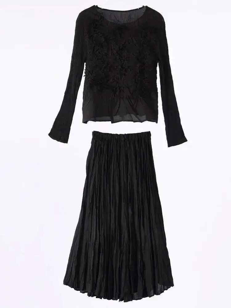 LANMREM High End Pleated Set Solid Color Embroidered Long Sleeves Shirts With Fold Skirts Female Chic Sets 2024 New 2DB1444