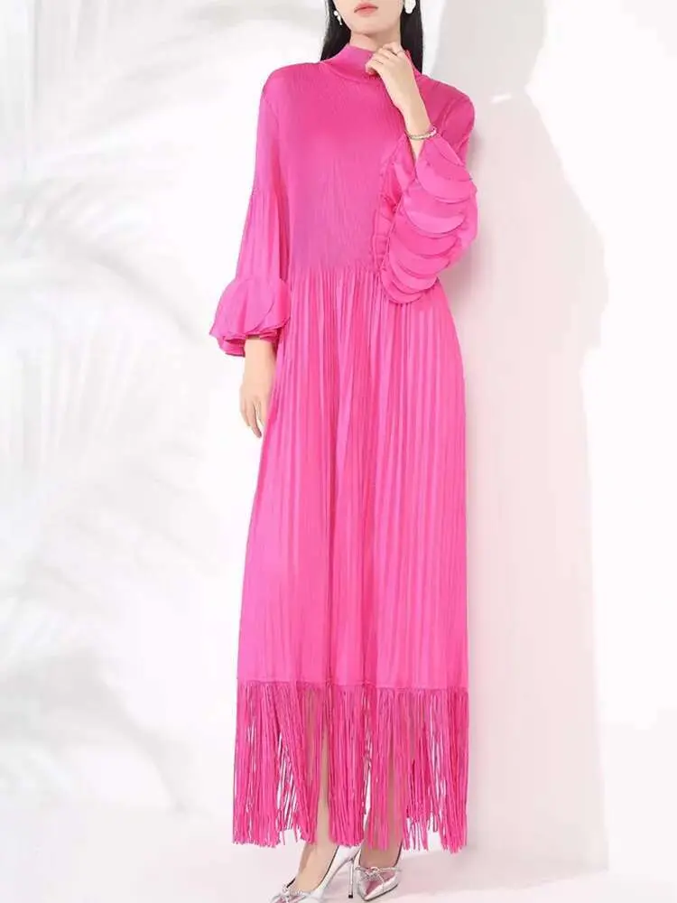 LANMREM Maxi Dress Women High Neck Long Sleeves Stitching Tassel Hem Solid Color Dresses Female Party Clothing 2025 New 2DB1143