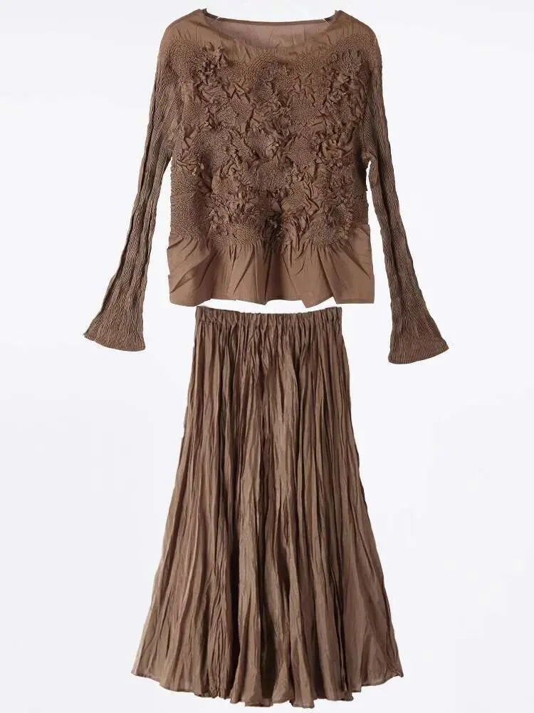 LANMREM High End Pleated Set Solid Color Embroidered Long Sleeves Shirts With Fold Skirts Female Chic Sets 2024 New 2DB1444