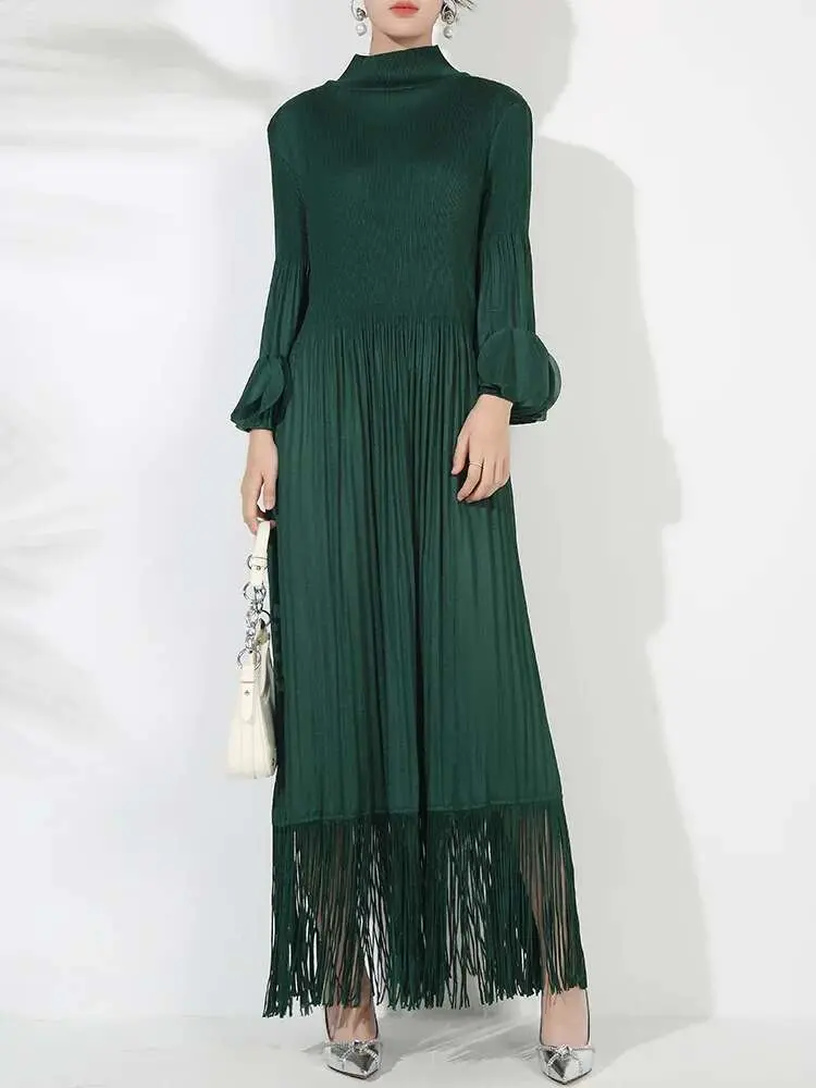 LANMREM Maxi Dress Women High Neck Long Sleeves Stitching Tassel Hem Solid Color Dresses Female Party Clothing 2025 New 2DB1143